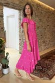 Made in Italy Forget Me Knots Bardot Shirring Dress Flamingo /9 =